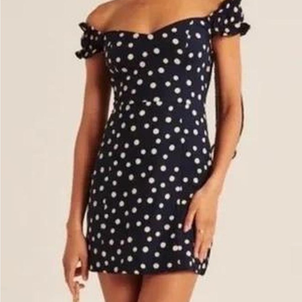 Elegant Navy Polka Dot Off-Shoulder Dress